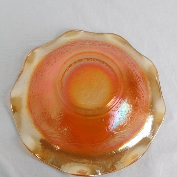 Vintage Marigold Orange Carnival Glass Bowl Ruffled Lip 9.5" Vine Flower Pattern - Picture 5 of 6